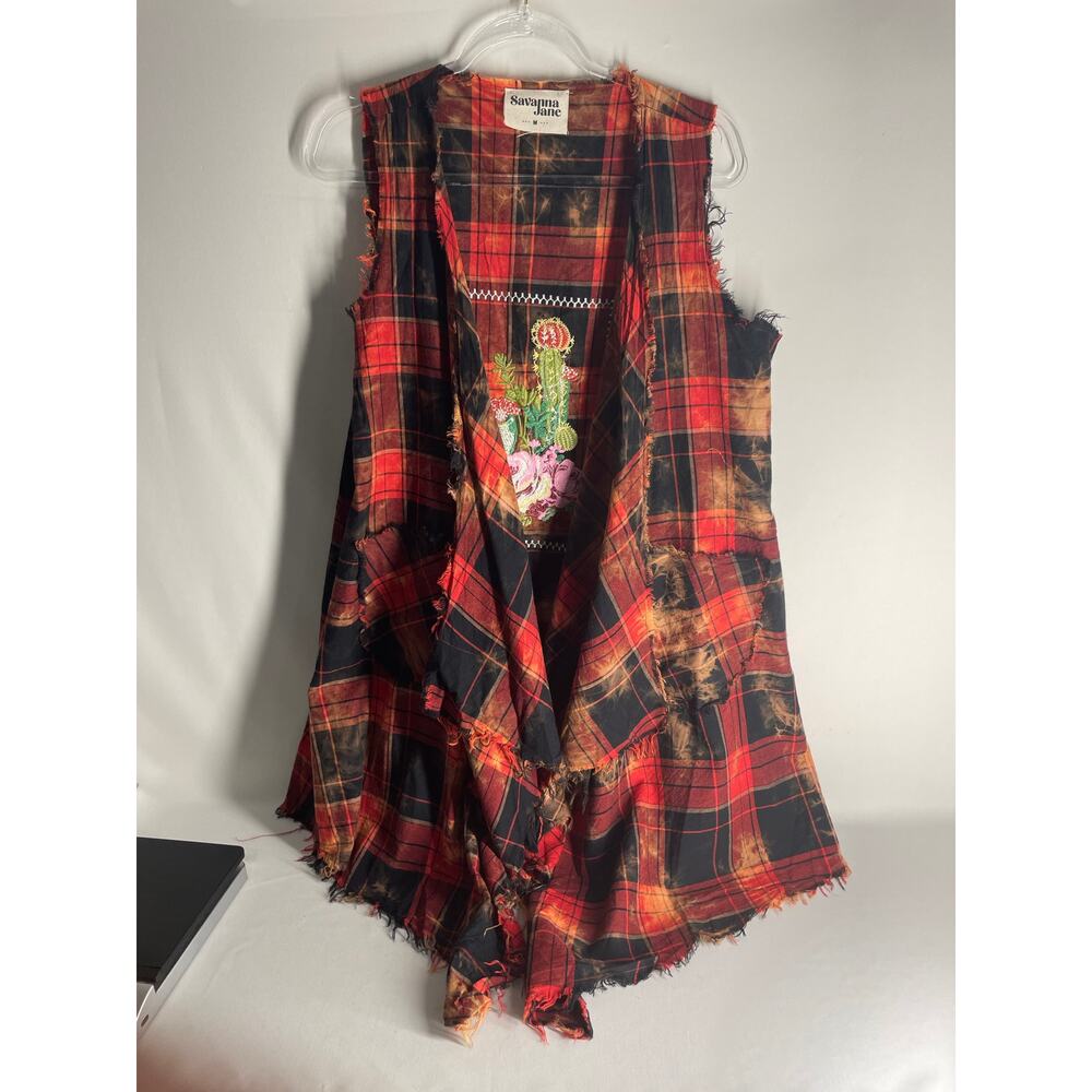Savanna Jane Bleach Dyed Check Plaid Cactus Embroidered Cascade Vest Small NWOT
